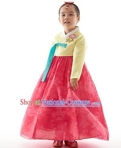 Asian Korean National Handmade Formal Occasions Wedding Clothing Yellow Lace Blouse and Red Dress Palace Hanbok Costume for Kids