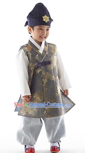 Asian Korean National Traditional Handmade Formal Occasions Boys Embroidery Grey Vest Hanbok Costume Complete Set for Kids