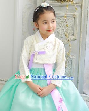 Asian Korean National Handmade Formal Occasions Wedding Bride Clothing Embroidered White Blouse and Green Dress Palace Hanbok Costume for Kids