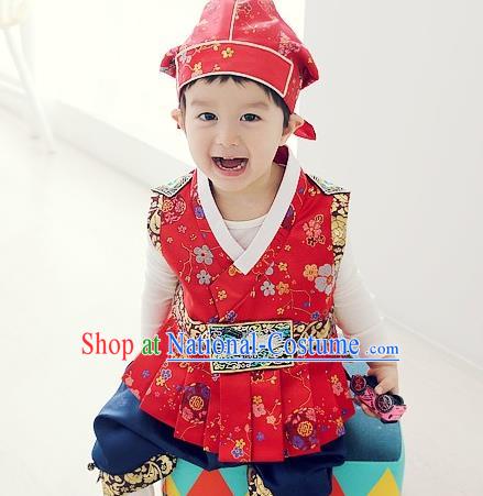 Asian Korean National Traditional Handmade Formal Occasions Boys Embroidery Red Vest Hanbok Costume Complete Set for Kids