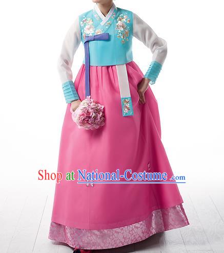 Asian Korean National Handmade Formal Occasions Wedding Bride Clothing Embroidered Green Blouse and Pink Dress Palace Hanbok Costume for Women