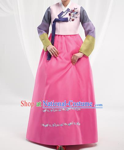 Asian Korean National Handmade Formal Occasions Wedding Bride Clothing Embroidered Pink Blouse and Dress Palace Hanbok Costume for Women