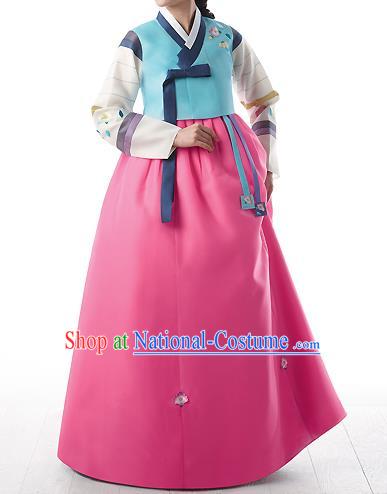 Asian Korean National Handmade Formal Occasions Wedding Bride Clothing Embroidered Blue Blouse and Pink Dress Palace Hanbok Costume for Women