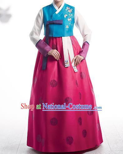 Asian Korean National Handmade Formal Occasions Wedding Bride Clothing Embroidered Blue Blouse and Pink Dress Palace Hanbok Costume for Women