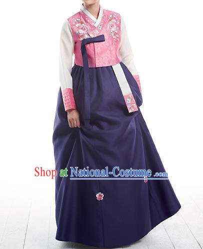 Asian Korean National Handmade Formal Occasions Wedding Bride Clothing Embroidered Pink Blouse and Purple Dress Palace Hanbok Costume for Women