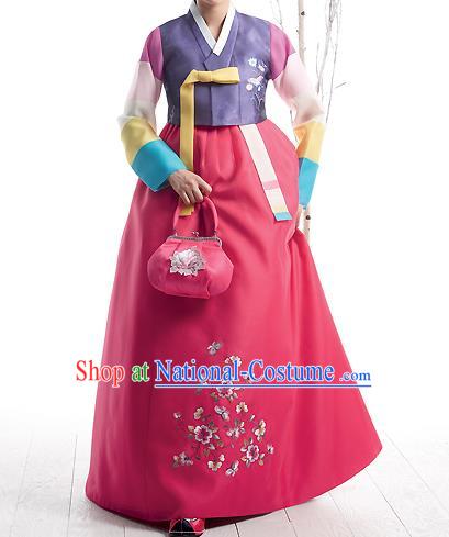 Asian Korean National Handmade Formal Occasions Wedding Bride Clothing Embroidered Purple Blouse and Pink Dress Palace Hanbok Costume for Women