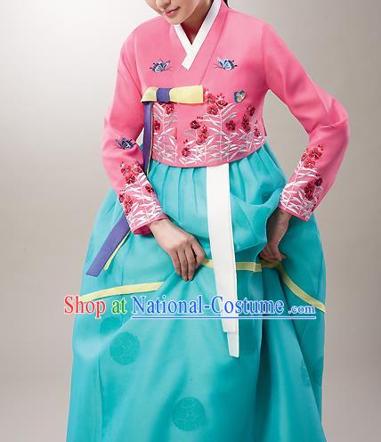 Asian Korean National Handmade Formal Occasions Wedding Bride Clothing Embroidered Pink Blouse and Green Dress Palace Hanbok Costume for Women