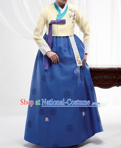 Asian Korean National Handmade Formal Occasions Wedding Bride Clothing Embroidered Yellow Blouse and Blue Dress Palace Hanbok Costume for Women