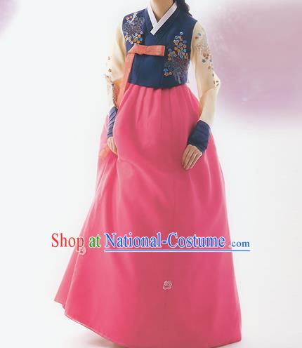 Korean National Handmade Formal Occasions Wedding Bride Clothing Embroidered Blue Blouse and Pink Dress Palace Hanbok Costume for Women