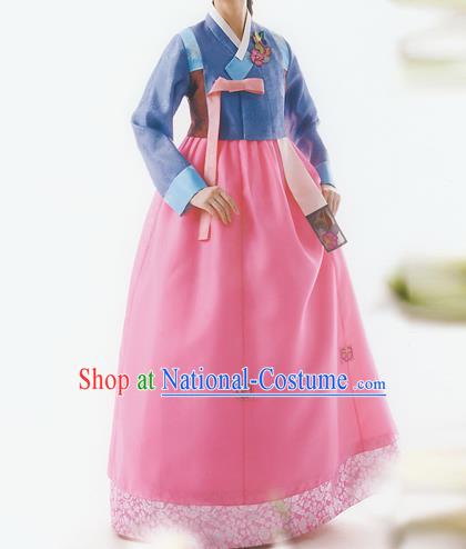 Korean National Handmade Formal Occasions Wedding Bride Clothing Embroidered Blue Blouse and Pink Dress Palace Hanbok Costume for Women