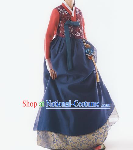 Korean National Handmade Formal Occasions Wedding Bride Clothing Embroidered Red Blouse and Blue Dress Palace Hanbok Costume for Women