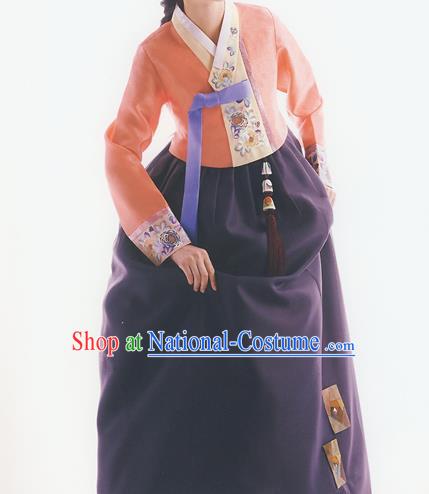 Korean National Handmade Formal Occasions Wedding Bride Clothing Embroidered Orange Blouse and Purple Dress Palace Hanbok Costume for Women