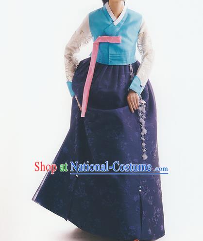 Korean National Handmade Formal Occasions Wedding Bride Clothing Embroidered Blue Blouse and Navy Dress Palace Hanbok Costume for Women