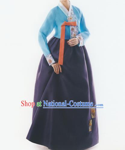 Korean National Handmade Formal Occasions Wedding Bride Clothing Embroidered Blue Blouse and Purple Dress Palace Hanbok Costume for Women