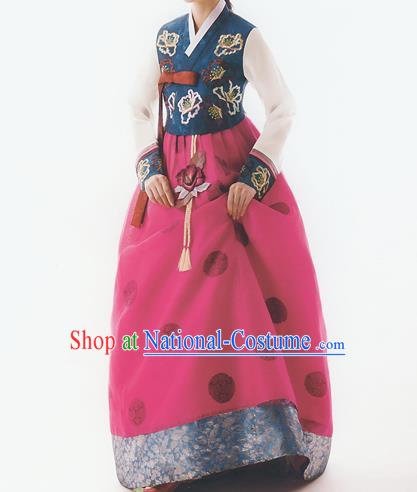 Korean National Handmade Formal Occasions Wedding Bride Clothing Embroidered Blue Blouse and Red Dress Palace Hanbok Costume for Women