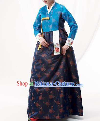 Asian Korean National Handmade Formal Occasions Wedding Bride Clothing Embroidered Blue Blouse and Navy Dress Palace Hanbok Costume for Women