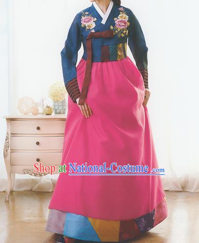 Korean National Handmade Formal Occasions Wedding Bride Clothing Embroidered Blue Blouse and Rosy Dress Palace Hanbok Costume for Women