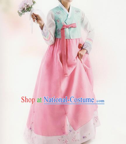 Korean National Handmade Formal Occasions Wedding Bride Clothing Embroidered Green Blouse and Pink Dress Palace Hanbok Costume for Women