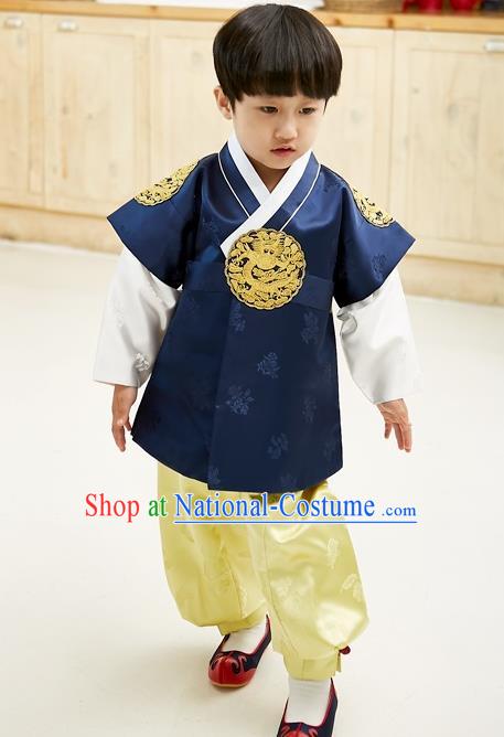 Asian Korean National Traditional Handmade Formal Occasions Boys Embroidery Navy Vest Hanbok Costume Complete Set for Kids