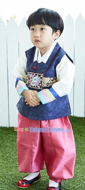 Asian Korean National Traditional Handmade Formal Occasions Boys Embroidery Navy Vest Hanbok Costume Complete Set for Kids