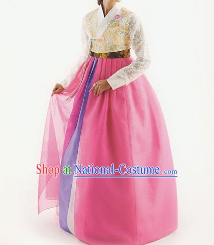 Korean National Handmade Formal Occasions Wedding Bride Clothing Hanbok Costume Embroidered Yellow Lace Blouse and Pink Dress for Women