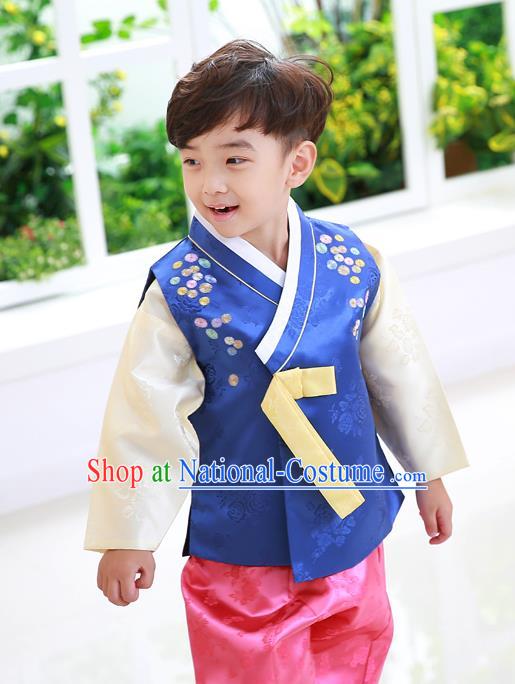 Asian Korean National Traditional Handmade Formal Occasions Boys Embroidery Blue Vest Hanbok Costume Complete Set for Kids