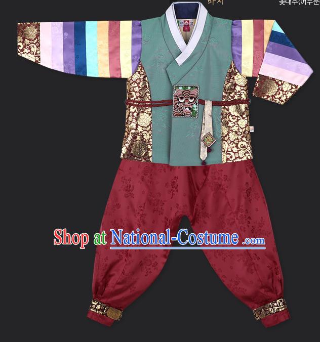 Asian Korean National Traditional Handmade Formal Occasions Boys Embroidery Green Vest Hanbok Costume Complete Set for Kids