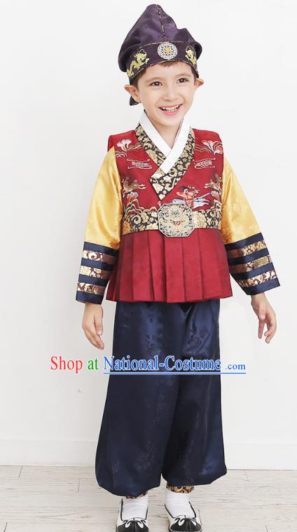 Asian Korean National Traditional Handmade Formal Occasions Boys Embroidery Red Vest Hanbok Costume Complete Set for Kids