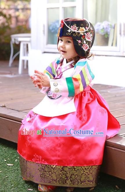 Asian Korean National Handmade Formal Occasions Wedding Bride Clothing Embroidered Pink Blouse and Red Dress Palace Hanbok Costume for Kids