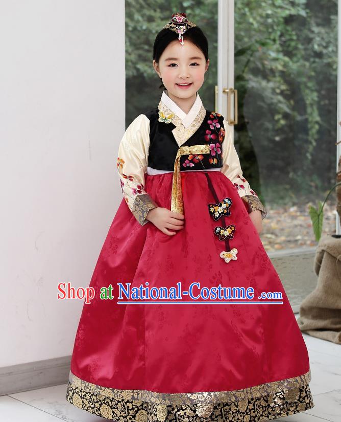 Asian Korean National Handmade Formal Occasions Wedding Clothing Black Blouse and Red Dress Palace Hanbok Costume for Kids