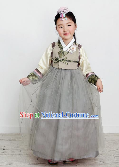 Asian Korean National Handmade Formal Occasions Wedding Clothing Grey Blouse and Dress Palace Hanbok Costume for Kids