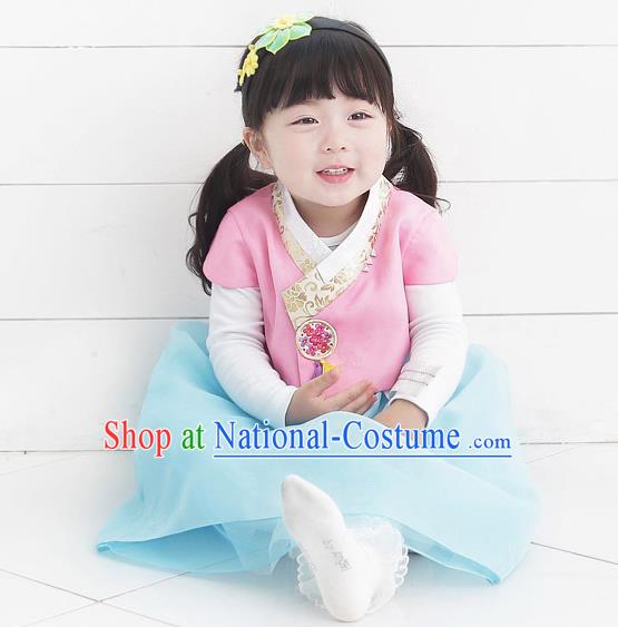 Asian Korean National Handmade Formal Occasions Wedding Bride Clothing Embroidered Pink Blouse and Blue Dress Palace Hanbok Costume for Kids