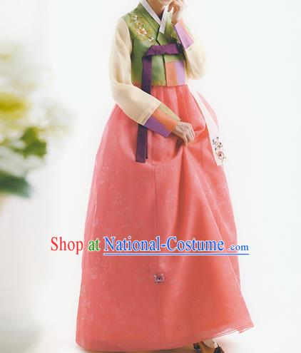 Korean National Handmade Formal Occasions Wedding Bride Clothing Embroidered Green Blouse and Pink Dress Palace Hanbok Costume for Women