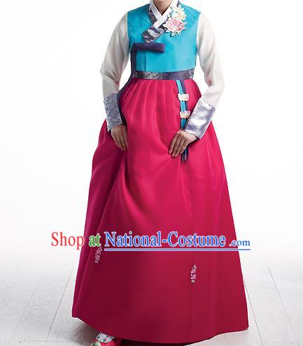 Asian Korean National Handmade Formal Occasions Wedding Bride Clothing Embroidered Blue Blouse and Rosy Dress Palace Hanbok Costume for Women