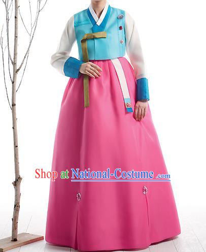 Asian Korean National Handmade Formal Occasions Wedding Bride Clothing Embroidered Blue Blouse and Pink Dress Palace Hanbok Costume for Women