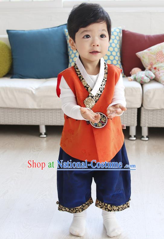 Asian Korean National Traditional Handmade Formal Occasions Boys Embroidery Orange Vest Hanbok Costume Complete Set for Kids