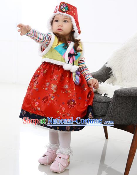 Asian Korean National Handmade Formal Occasions Wedding Bride Clothing Embroidered Yellow Vest and Red Dress Palace Hanbok Costume for Kids