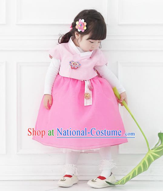 Asian Korean National Handmade Formal Occasions Wedding Bride Clothing Embroidered Pink Vest and Dress Palace Hanbok Costume for Kids