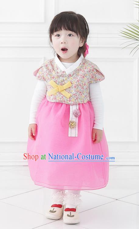 Asian Korean National Handmade Formal Occasions Wedding Bride Clothing Printing Vest and Pink Dress Palace Hanbok Costume for Kids