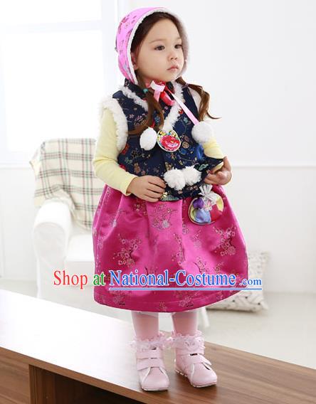 Asian Korean National Handmade Formal Occasions Wedding Bride Clothing Navy Vest and Rosy Dress Palace Hanbok Costume for Kids