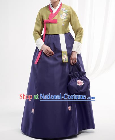 Asian Korean National Handmade Formal Occasions Wedding Bride Clothing Embroidered Green Blouse and Blue Dress Palace Hanbok Costume for Women