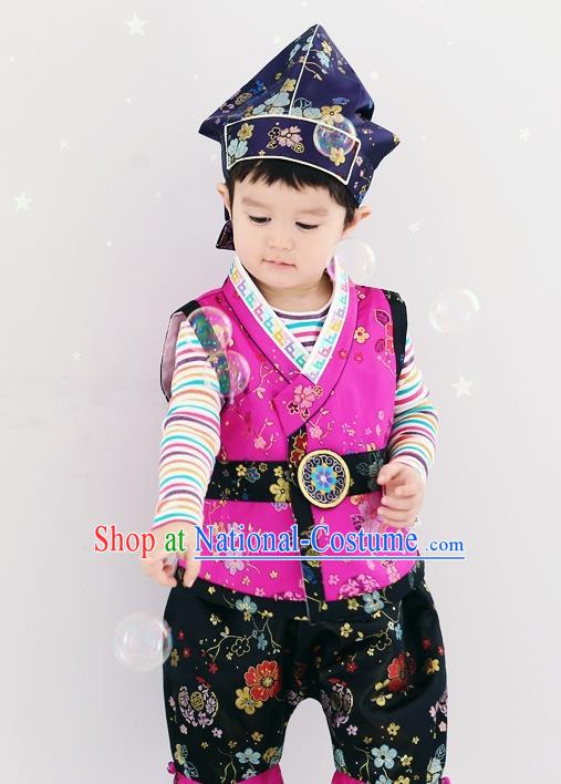 Asian Korean National Traditional Handmade Formal Occasions Boys Embroidery Rosy Vest Hanbok Costume Complete Set for Kids