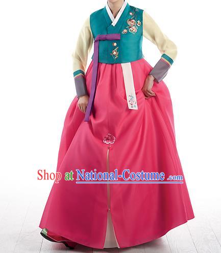 Korean National Handmade Formal Occasions Wedding Bride Clothing Embroidered Green Blouse and Red Dress Palace Hanbok Costume for Women