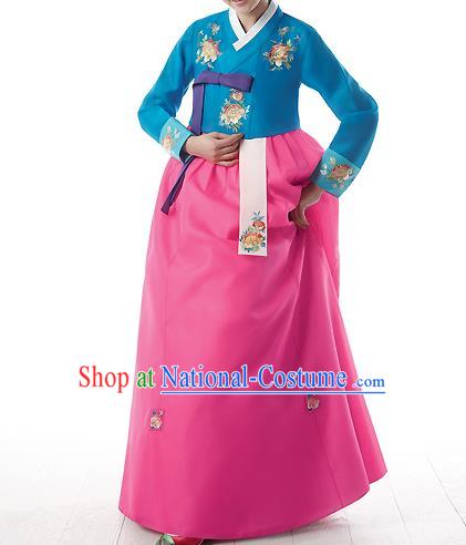 Korean National Handmade Formal Occasions Wedding Bride Clothing Embroidered Blue Blouse and Pink Dress Palace Hanbok Costume for Women