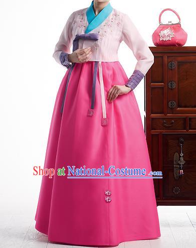 Asian Korean National Handmade Formal Occasions Wedding Bride Clothing Embroidered Pink Blouse and Dress Palace Hanbok Costume for Women