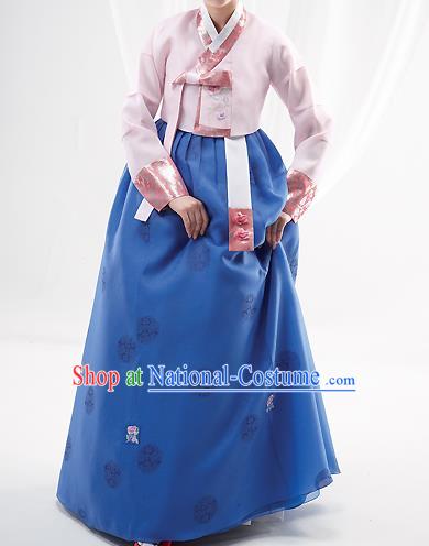 Korean National Handmade Formal Occasions Wedding Bride Clothing Embroidered Pink Blouse and Blue Dress Palace Hanbok Costume for Women