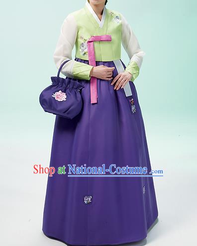 Korean National Handmade Formal Occasions Wedding Bride Clothing Embroidered Green Blouse and Purple Dress Palace Hanbok Costume for Women