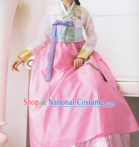 Korean National Handmade Formal Occasions Wedding Bride Clothing Embroidered Pink Blouse and Dress Palace Hanbok Costume for Women