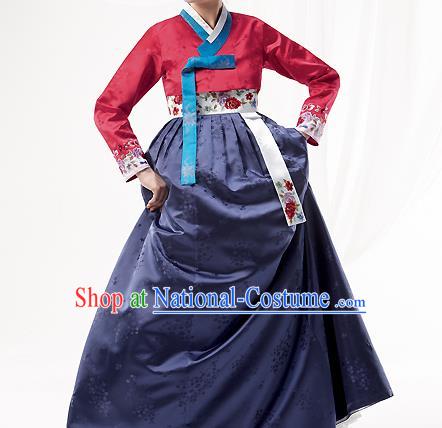 Korean National Handmade Formal Occasions Wedding Bride Clothing Embroidered Red Blouse and Navy Dress Palace Hanbok Costume for Women