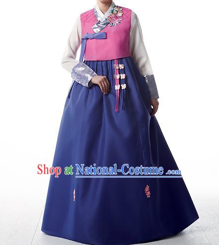 Korean National Handmade Formal Occasions Wedding Bride Clothing Embroidered Pink Blouse and Blue Dress Palace Hanbok Costume for Women